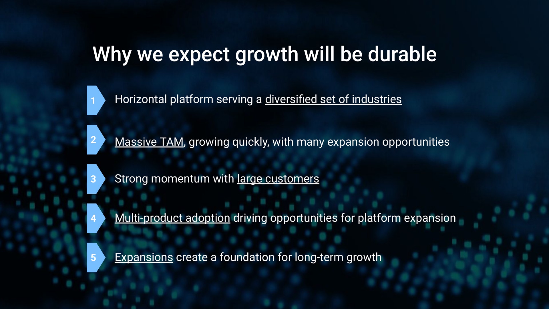 why we expect growth will be durable horizontal platform serving a set of industries massive tam growing quickly with many expansion opportunities strong momentum with large customers product adoption driving opportunities for platform expansion expansions create a foundation for long term growth | Samsara
