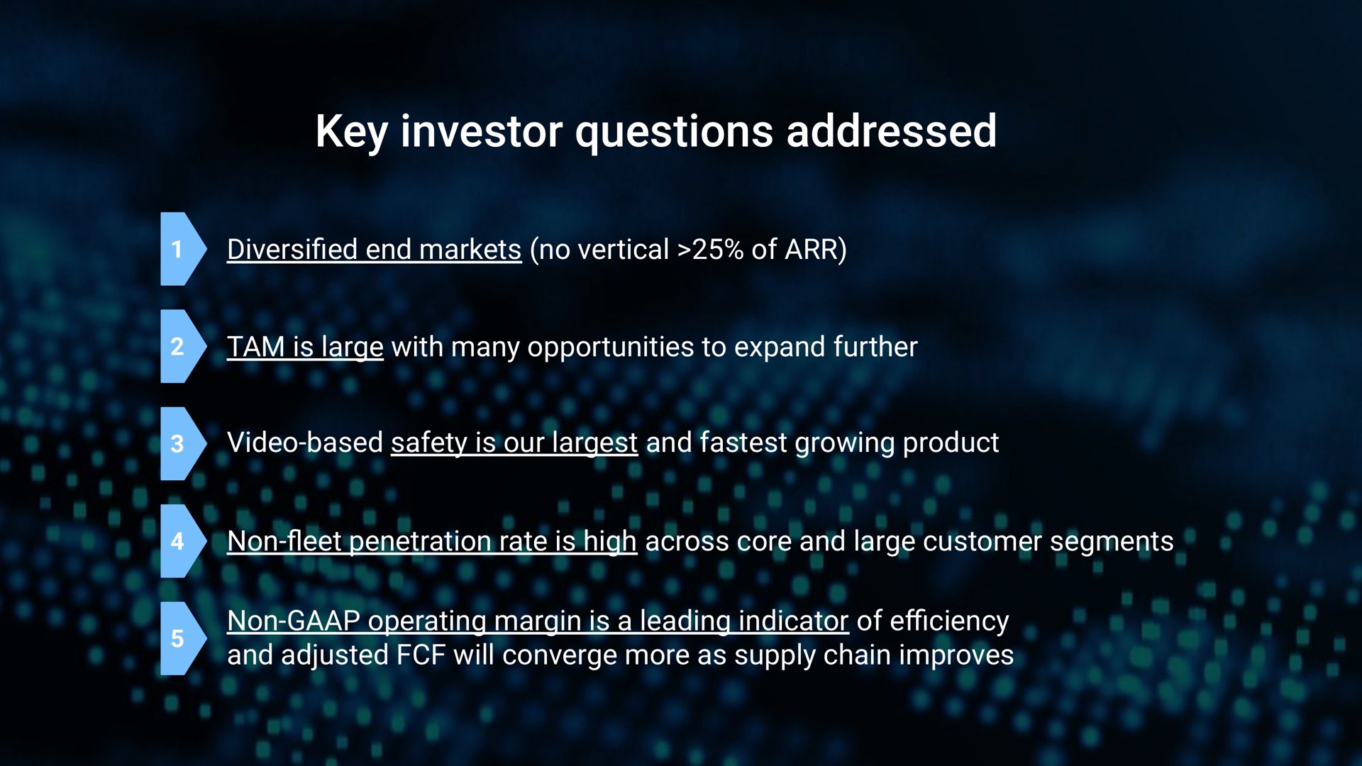 key investor questions addressed end markets no vertical of tam is large with many opportunities to expand further video based safety is our and growing product non penetration rate is high across core and large customer segments non operating margin is a leading indicator of and adjusted will converge more as supply chain improves | Samsara