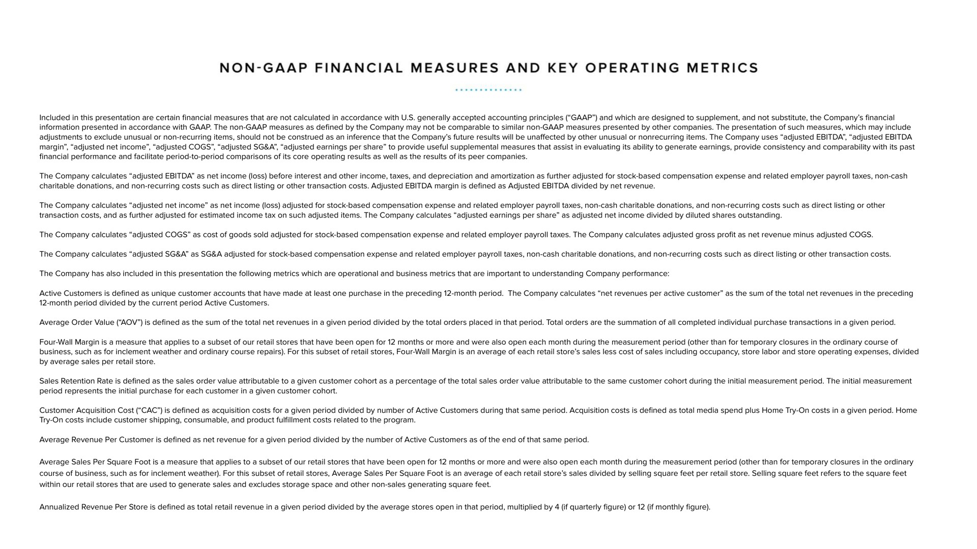 non financial measures and key operating metrics | Warby Parker
