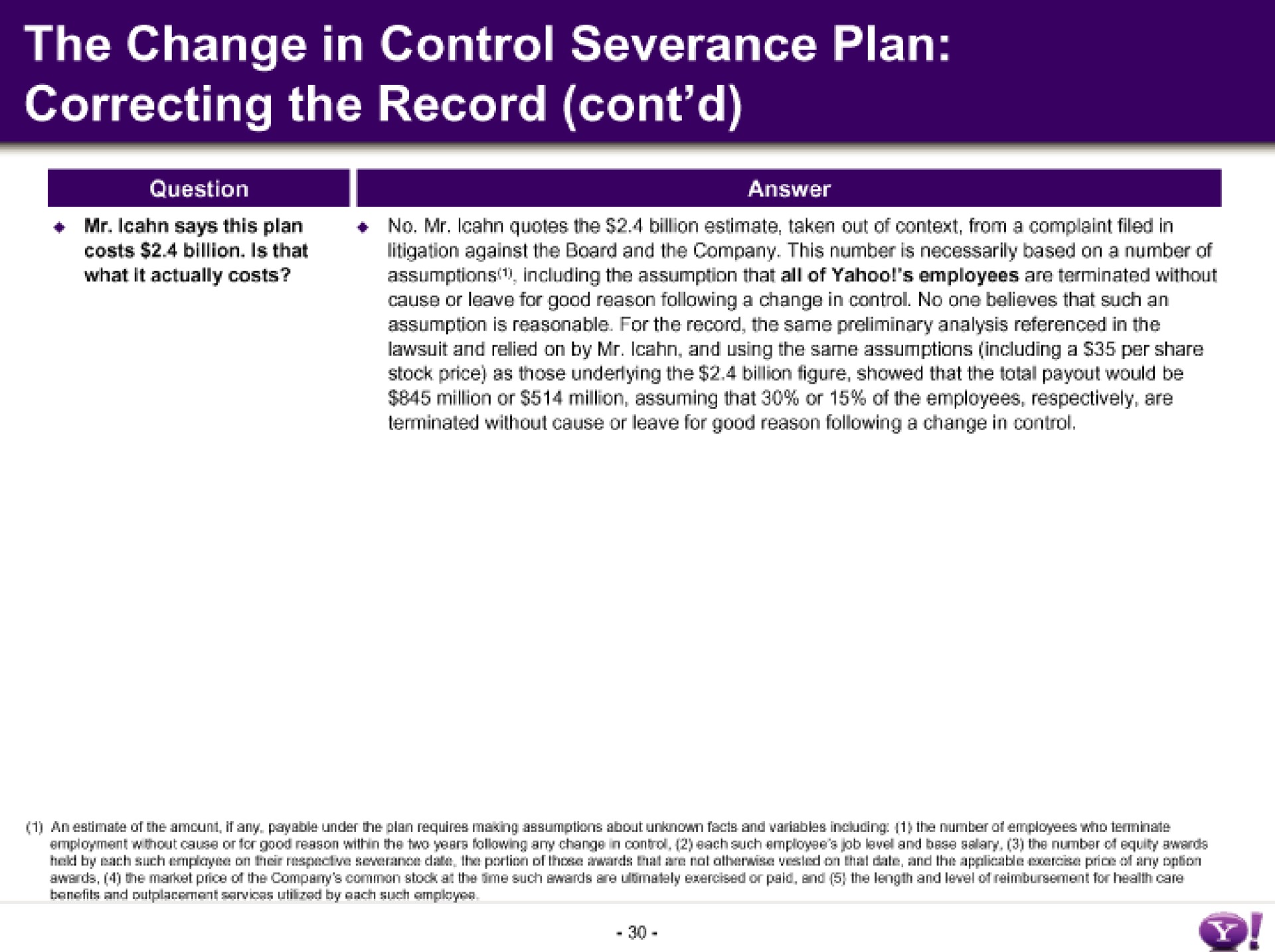 the change in control severance plan correcting the record | Yahoo