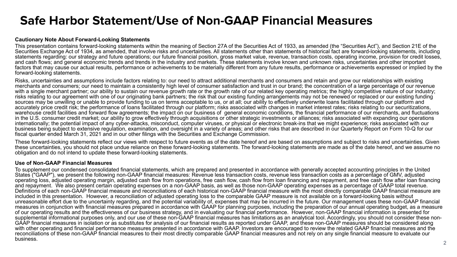 safe harbor statement use of non financial measures | Affirm