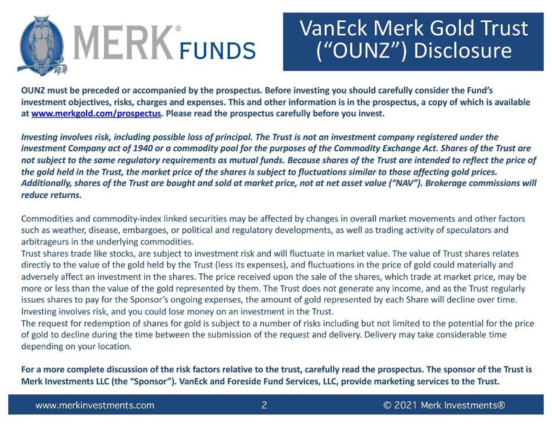 disclosure funds | VanEck Merk Gold Trust