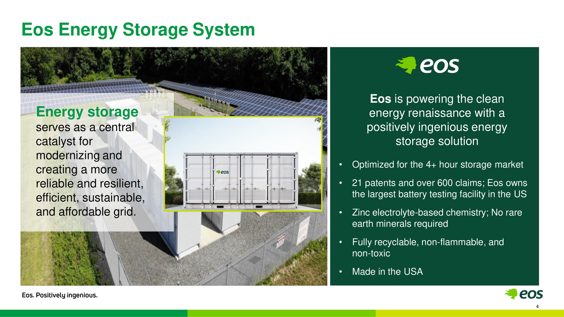 energy storage system energy storage serves as a central catalyst for modernizing and creating a more reliable and resilient efficient sustainable and affordable grid is powering the clean energy renaissance with a positively ingenious energy storage solution optimized for the hour storage market patents and over claims owns the battery testing facility in the us zinc electrolyte based chemistry no rare earth minerals required fully non flammable and non toxic made in the i gee pete toe | Eos Energy