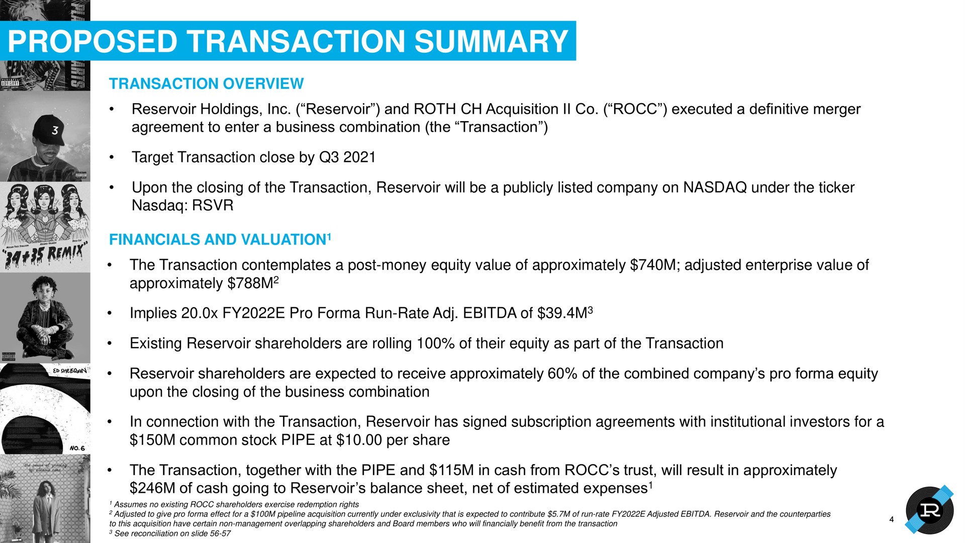 proposed transaction summary | Reservoir