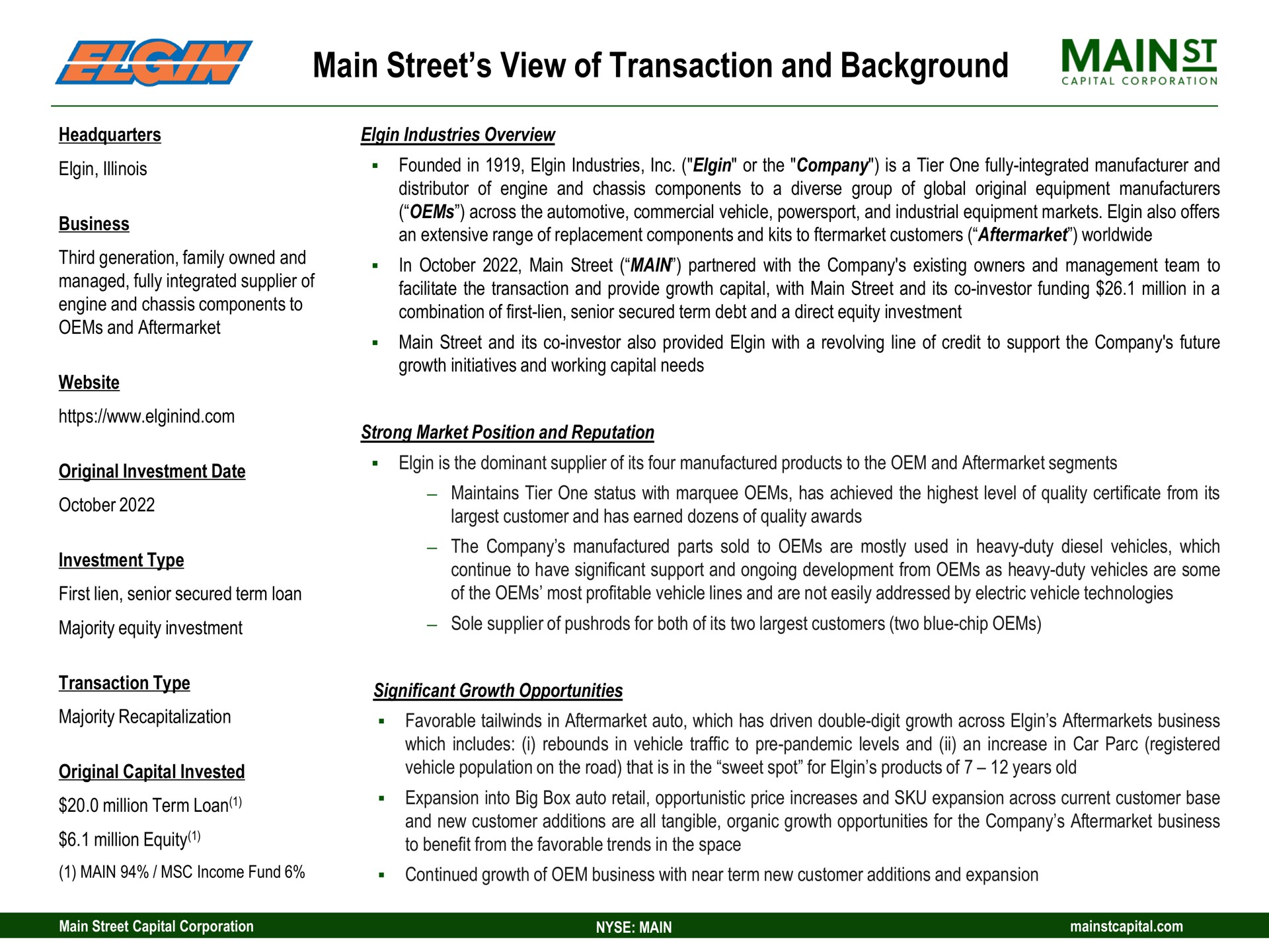 main street view of transaction and background | Main Street Capital