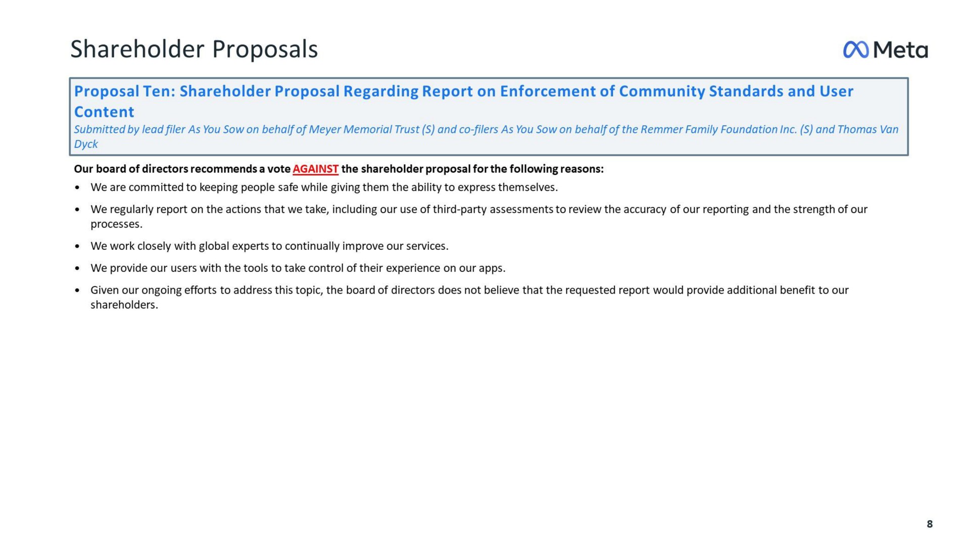 shareholder proposals meta proposal ten shareholder proposal regarding report on enforcement of community standards and user content | Meta
