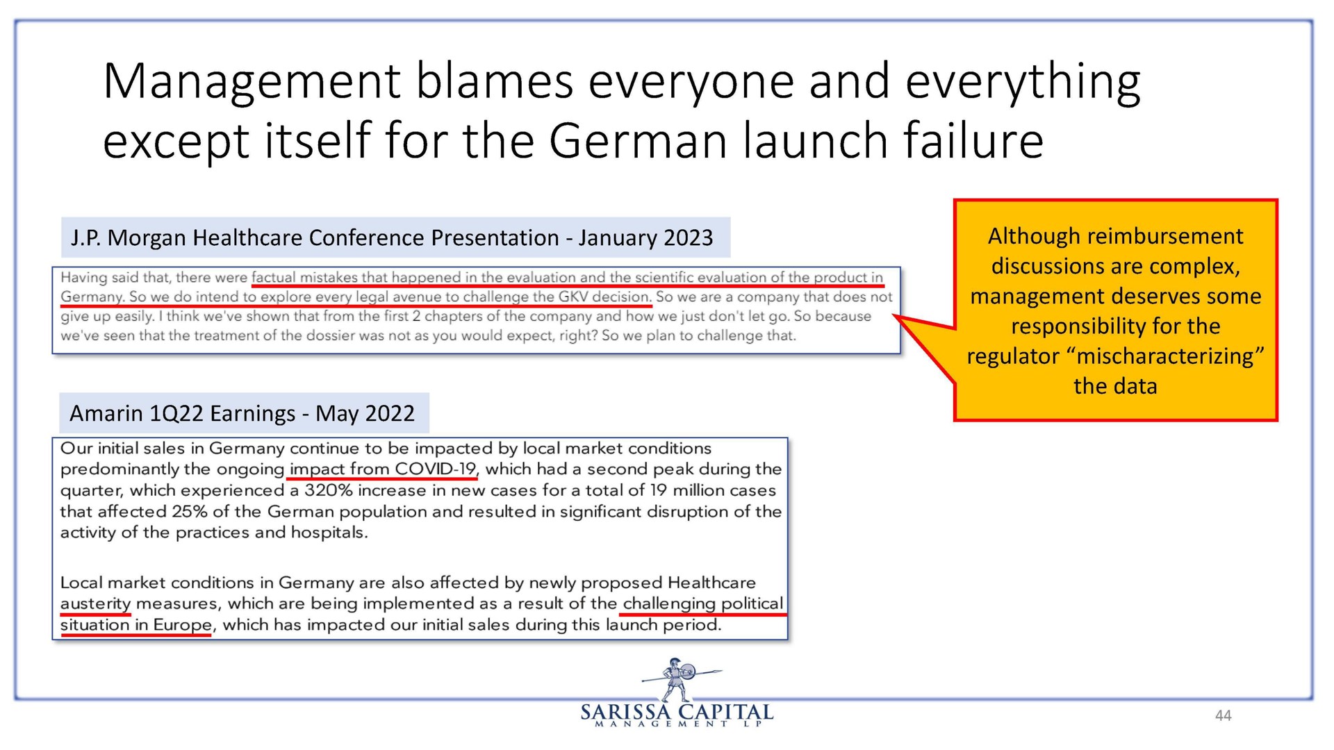 management blames everyone and everything except itself for the german launch failure | Sarissa Capital