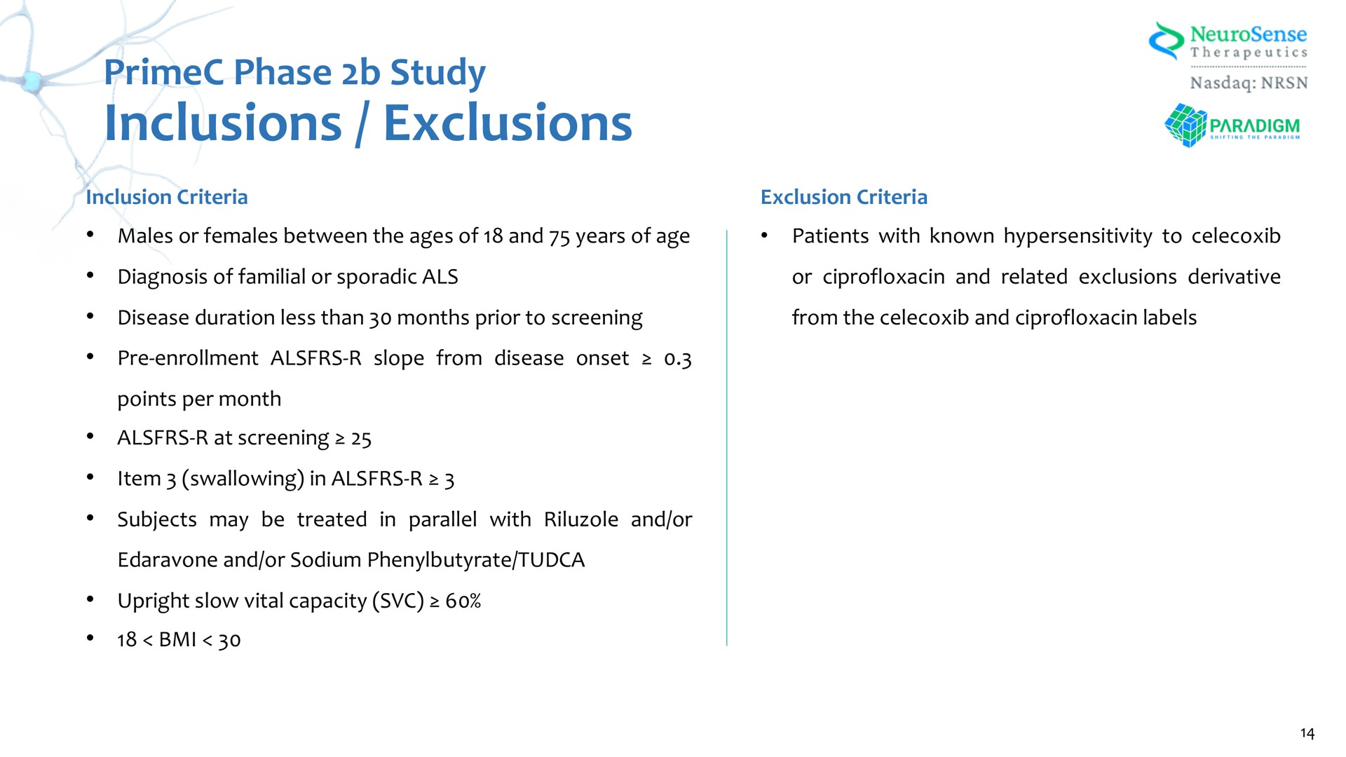 inclusions exclusions phase study | NeuroSense Therapeutics