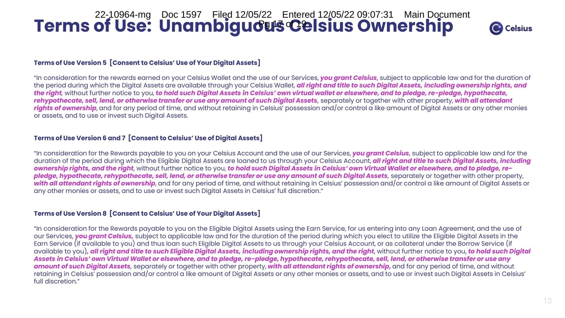 terms of use unambiguous ownership | Celsius Network