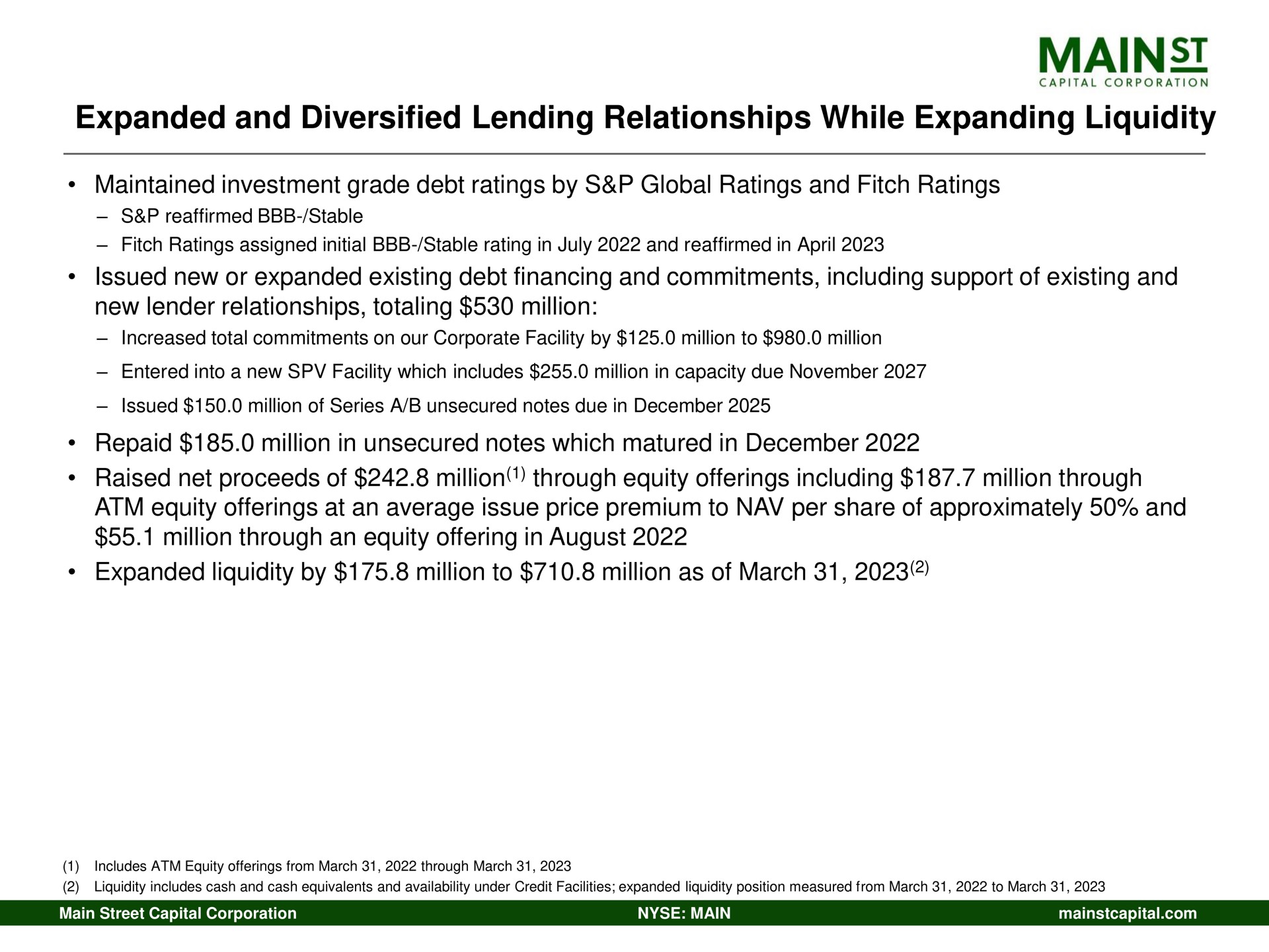 expanded and diversified lending relationships while expanding liquidity mains | Main Street Capital