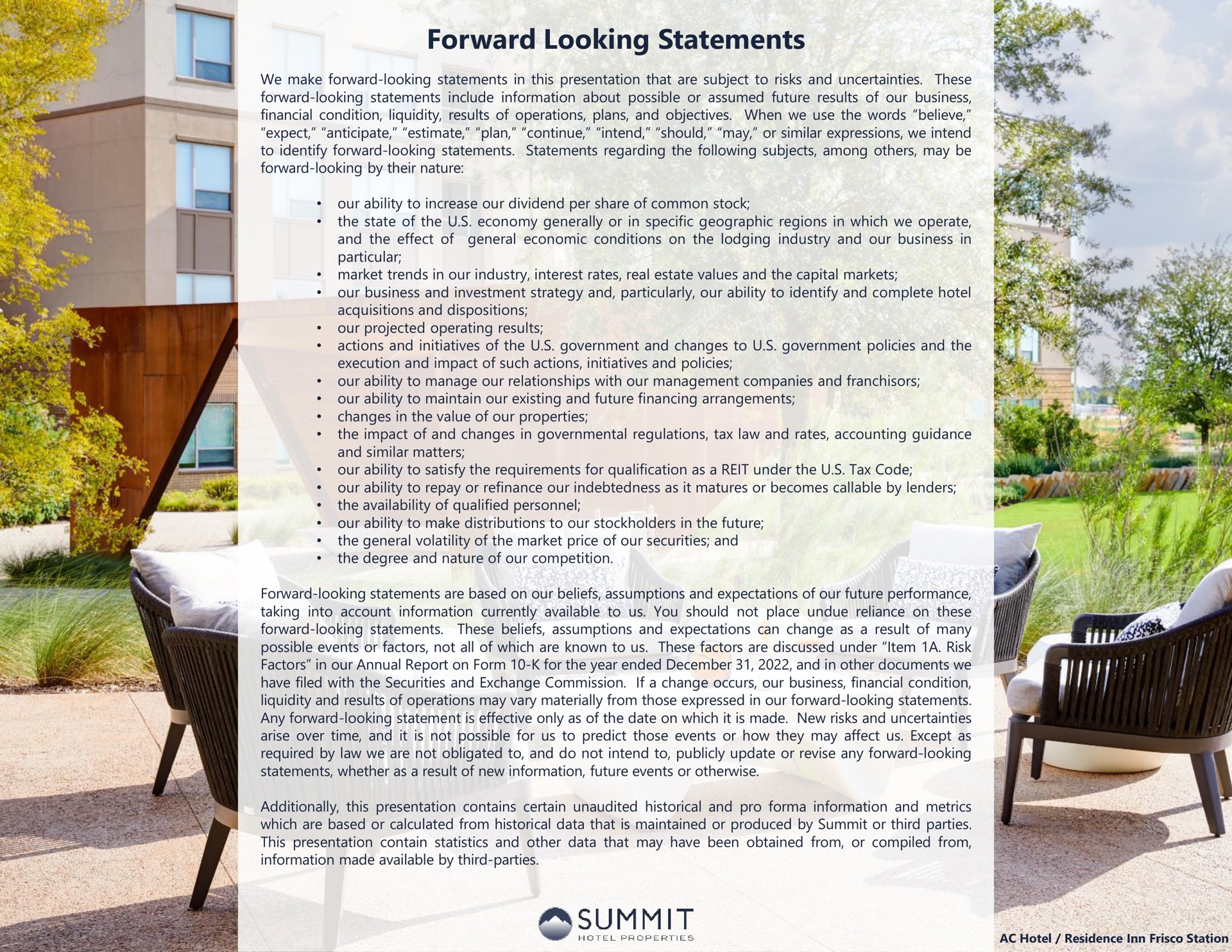 forward looking statements summit | Summit Hotel Properties
