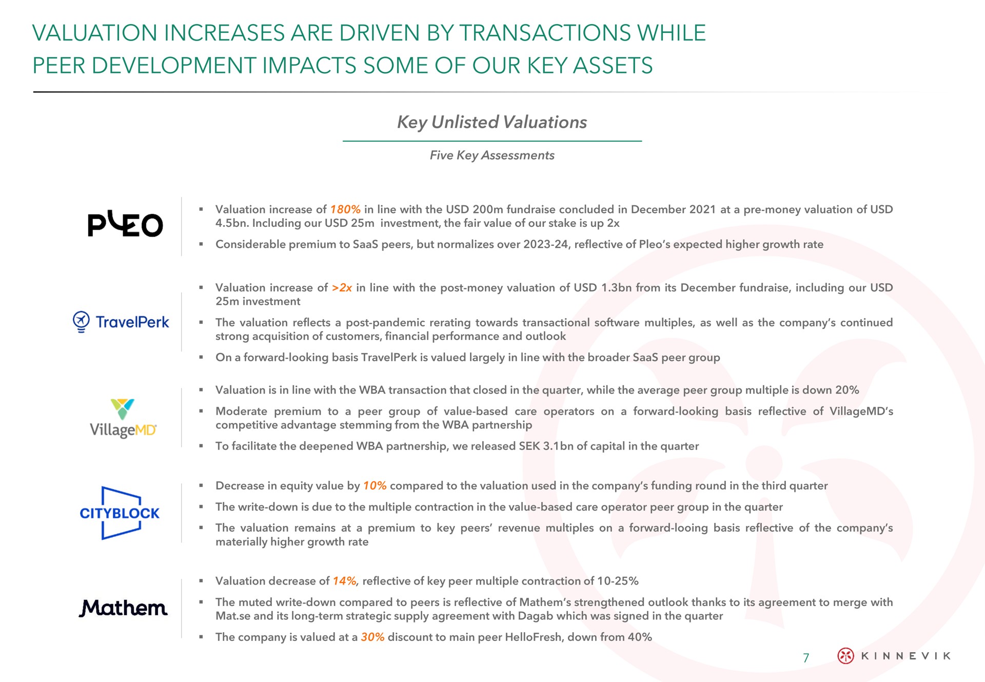 valuation increases are driven by transactions while peer development impacts some of our key assets | Kinnevik