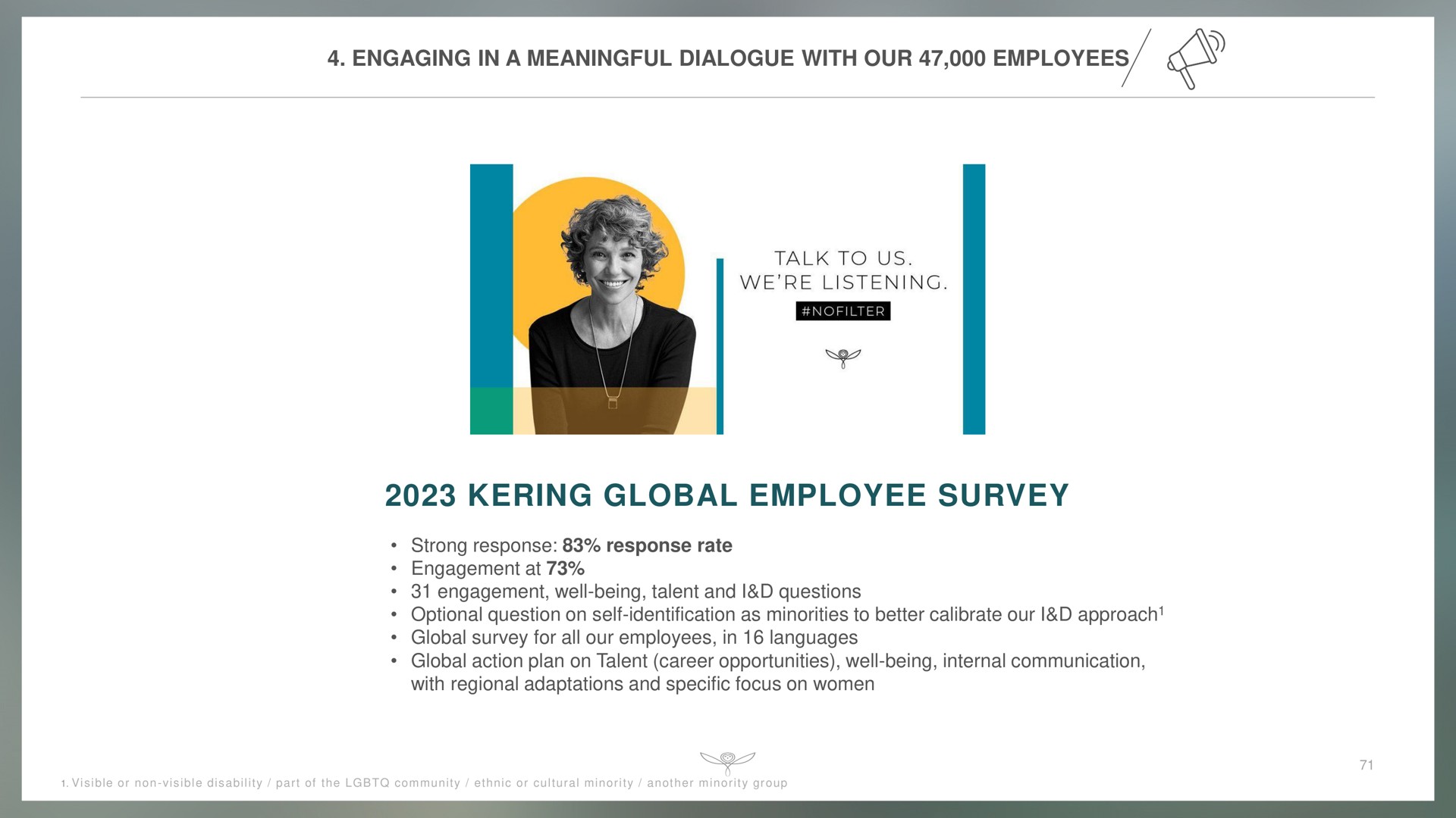 engaging in a meaningful dialogue with our employees global employee survey strong response response rate engagement at engagement well being talent and i questions optional question on self identification as minorities to better calibrate our i approach global survey for all our employees in languages global action plan on talent career opportunities well being internal communication with regional adaptations and specific focus on women talk us we listening approach | Kering