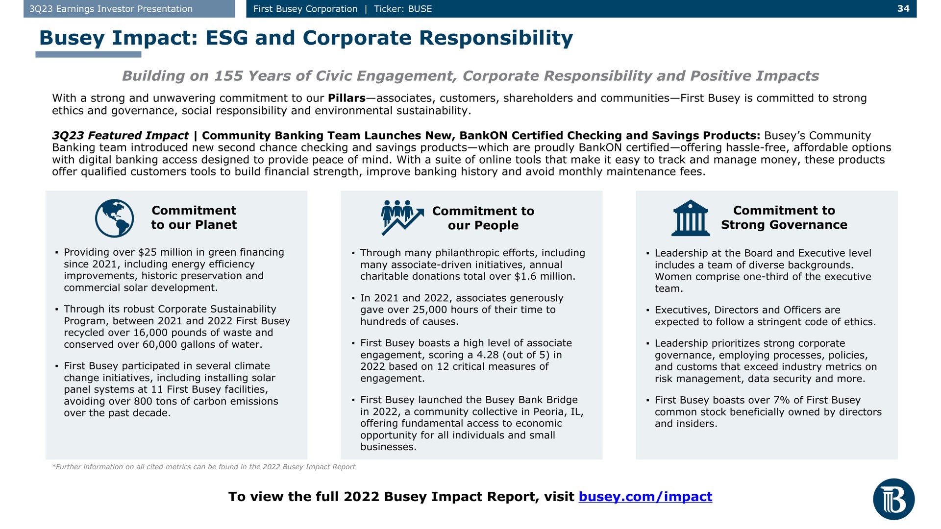 impact and corporate responsibility building on years of civic engagement corporate responsibility and positive impacts commitment to our planet commitment to our people commitment to strong governance to view the full impact report visit impact i | First Busey
