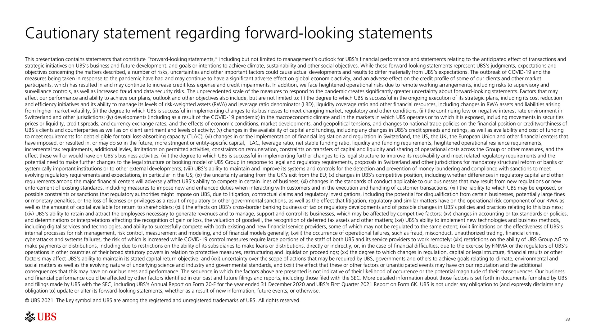 cautionary statement regarding forward looking statements looking | UBS