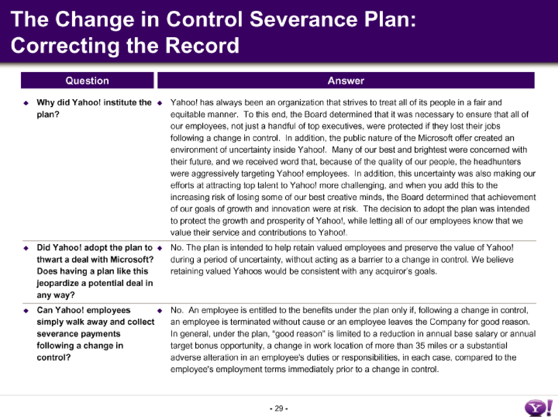 the change in control severance plan correcting the record a | Yahoo