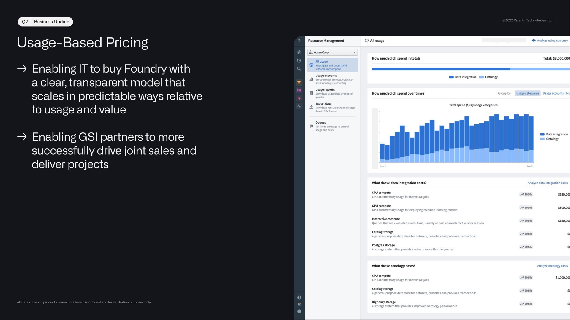usage based pricing enabling it to buy foundry with a clear transparent model that scales in predictable ways relative to usage and value enabling partners to more successfully drive joint sales and deliver projects i | Palantir
