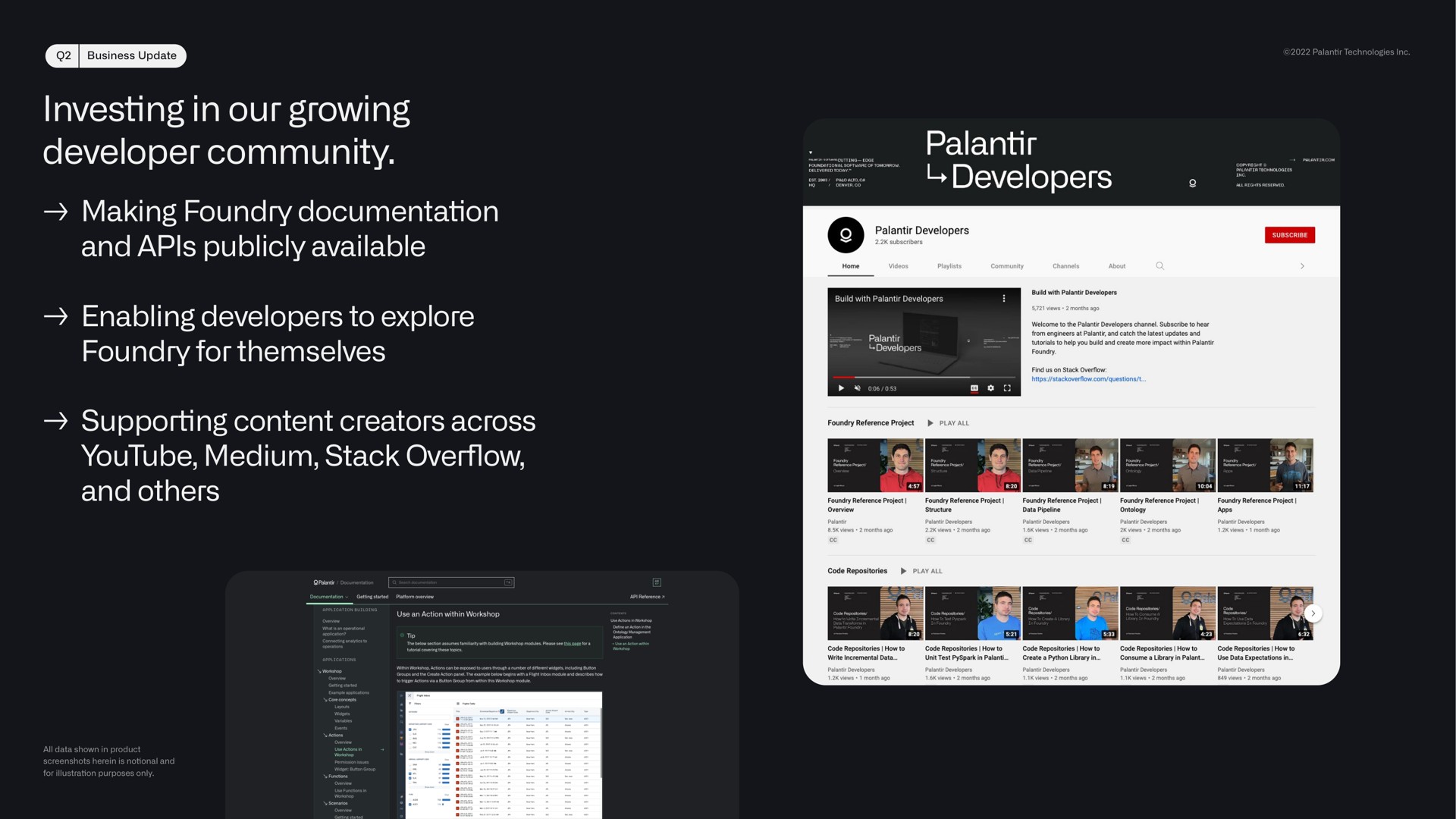 investing in our growing developer community making foundry documentation and publicly available enabling developers to explore foundry for themselves supporting content creators across medium stack over and overflow bevel foy retest secs | Palantir