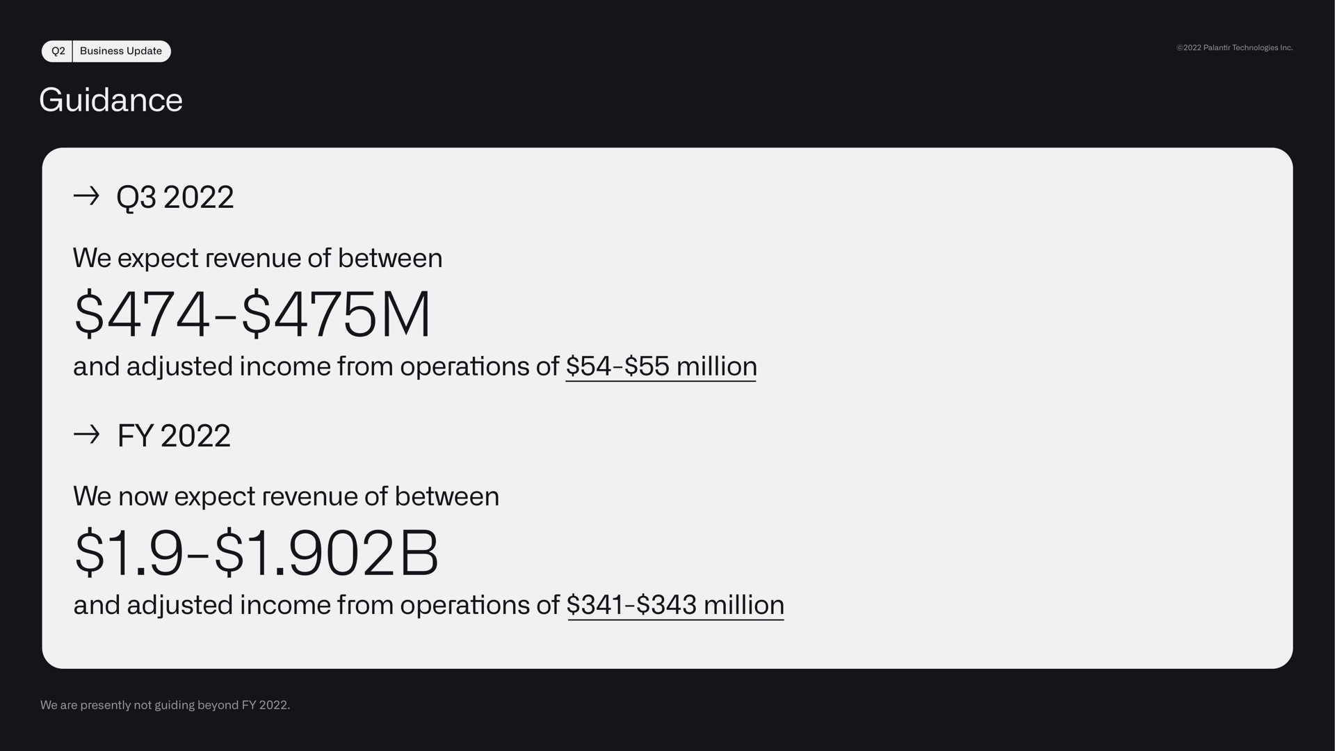 guidance we expect revenue of between and adjusted income from operations of million we now expect revenue of between and adjusted income from operations of million | Palantir