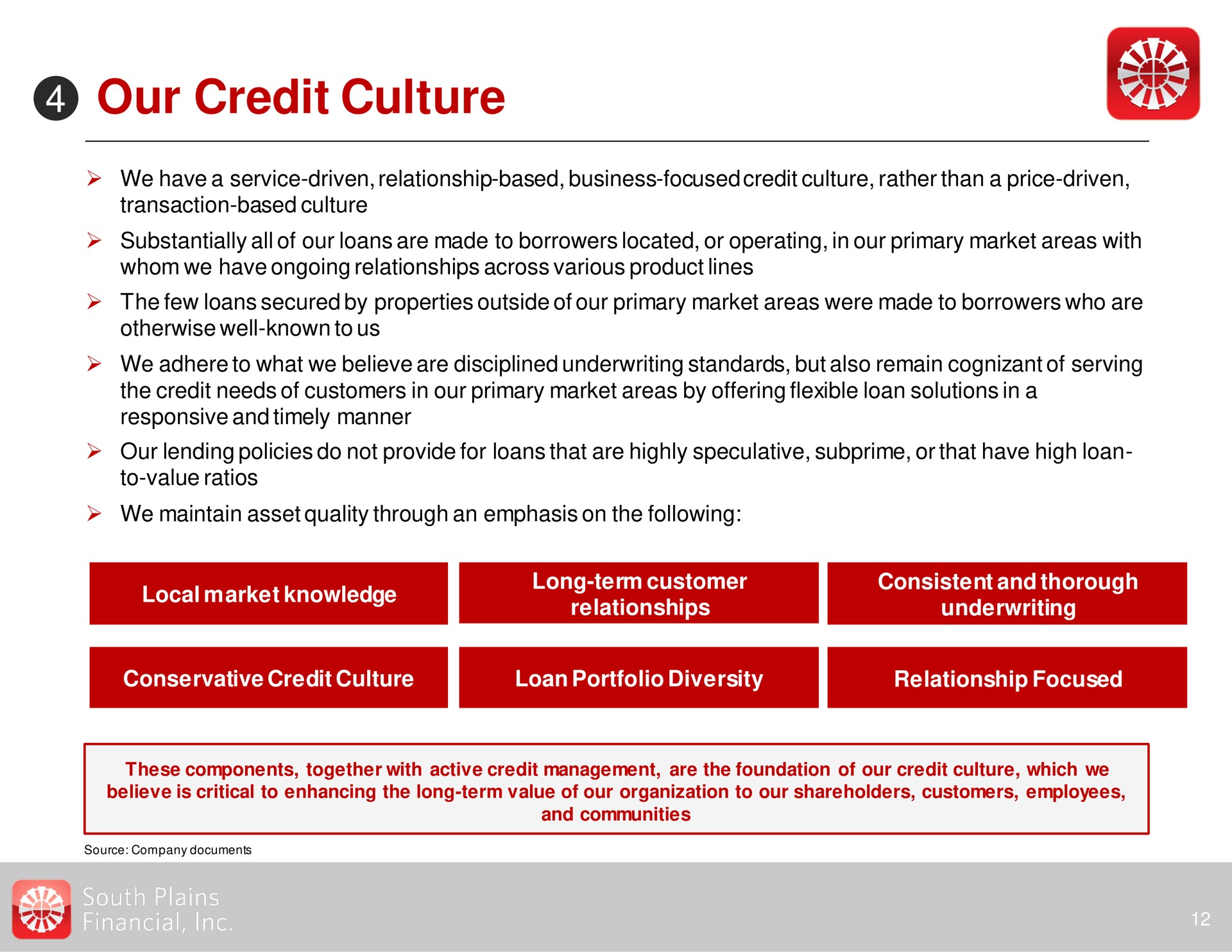 our credit culture | South Plains Financial