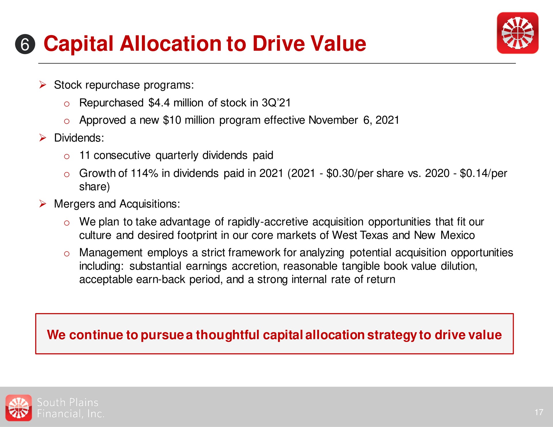 capital allocation to drive value | South Plains Financial