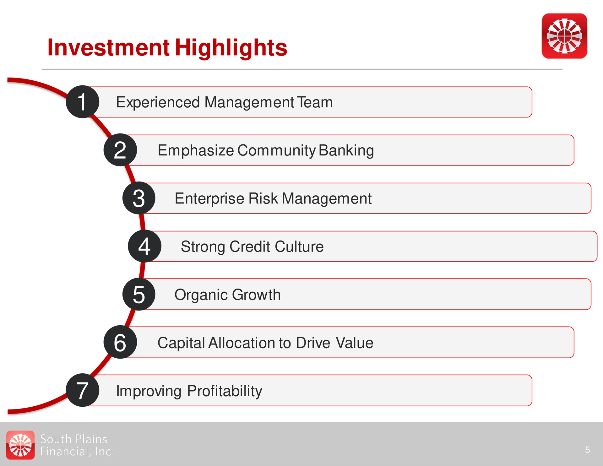 investment highlights experienced management team emphasize community banking enterprise risk management strong credit culture organic growth capital allocation to drive value improving profitability by a | South Plains Financial