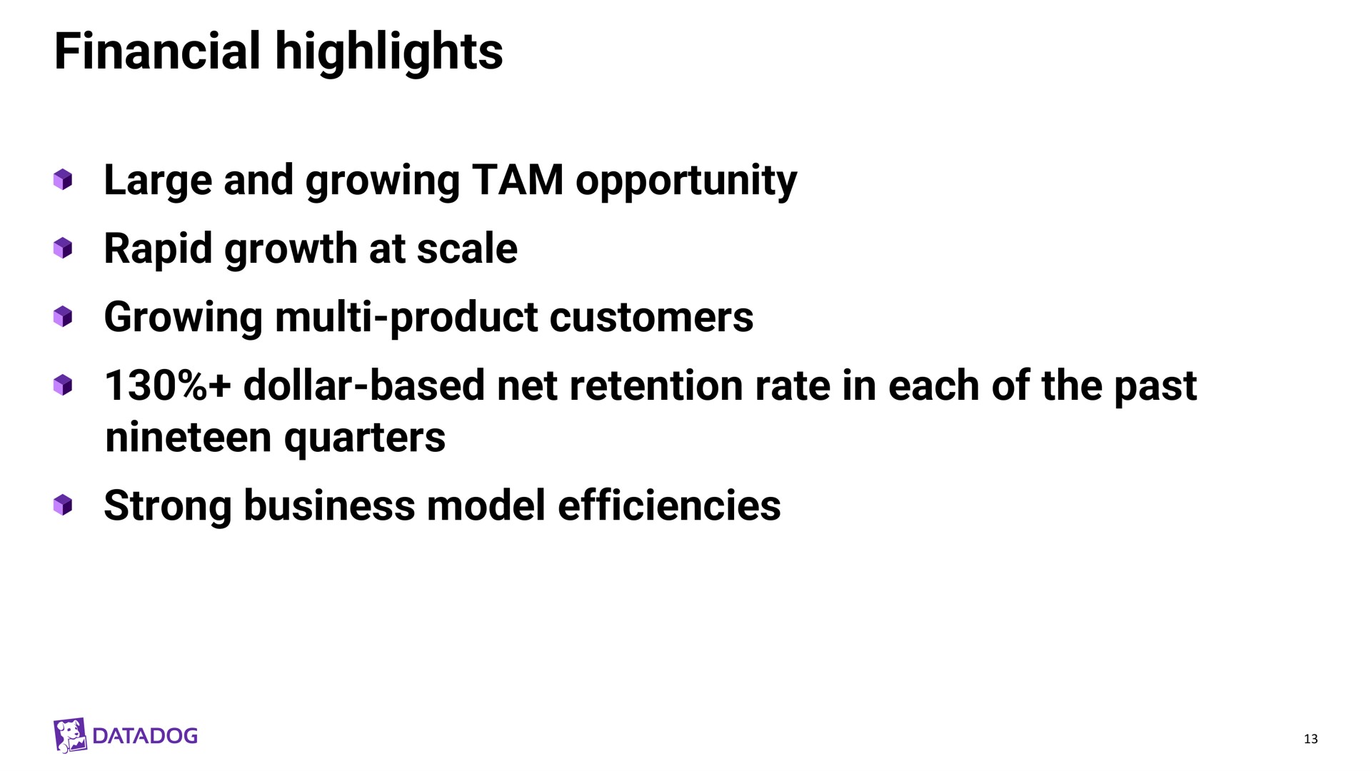 financial highlights large and growing tam opportunity rapid growth at scale growing product customers dollar based net retention rate in each of the past nineteen quarters strong business model efficiencies | Datadog