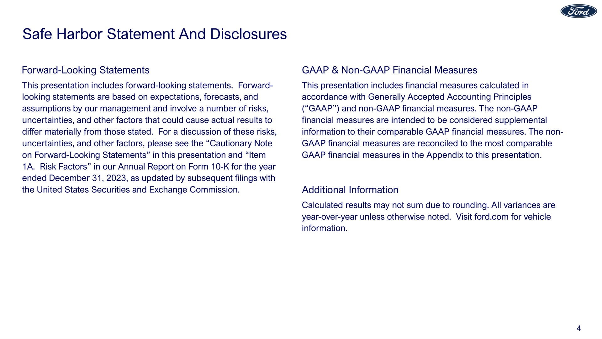 safe harbor statement and disclosures forward looking statements non financial measures additional information | Ford