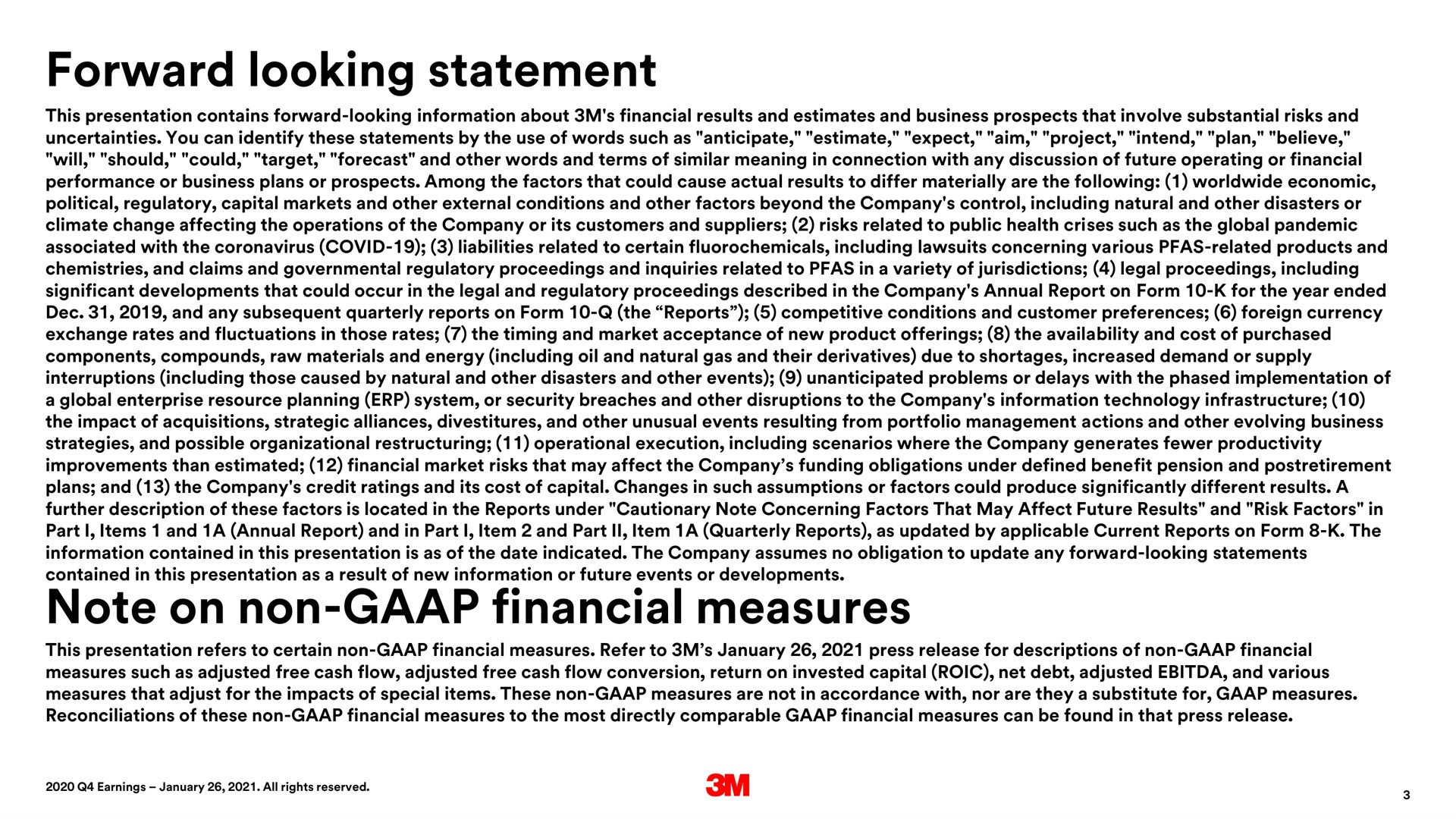 forward looking statement note on non financial measures | 3M