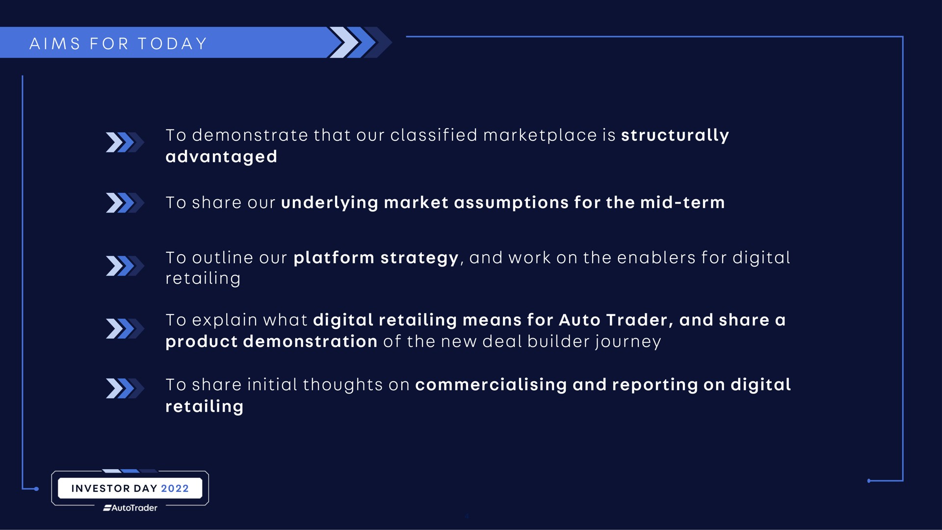 a i a to demonstrate that our classified is structurally advantaged to share our underlying market assumptions for the mid term to outline our platform strategy and work on the for digital retailing to explain what digital retailing means for auto trader and share a product demonstration of the new deal builder journey to share initial thoughts on and reporting on digital retailing | Auto Trader Group