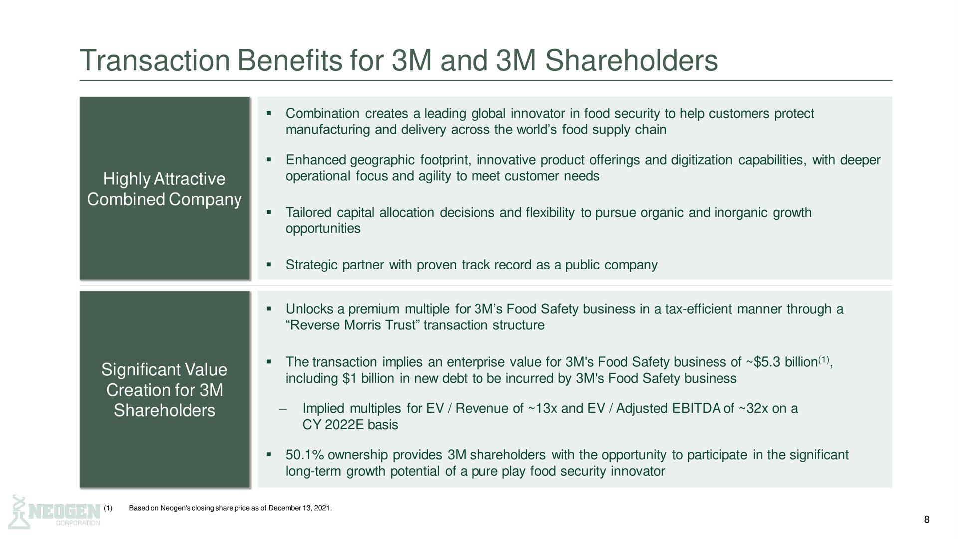 transaction benefits for and shareholders | 3M