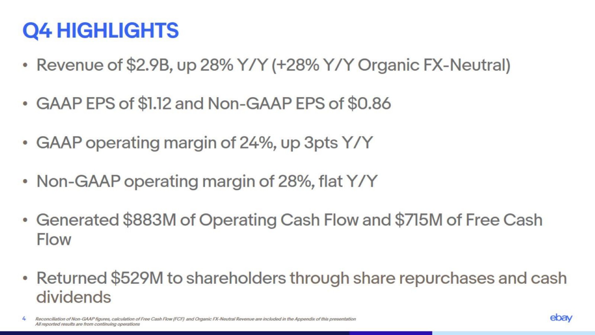 highlights revenue of up organic neutral of and non of operating margin of up non operating margin of flat generated of operating cash flow and of free cash flow returned to shareholders through share repurchases and cash dividends | eBay