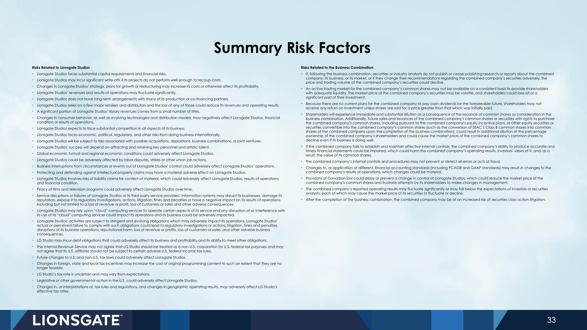 summary risk factors | Lionsgate