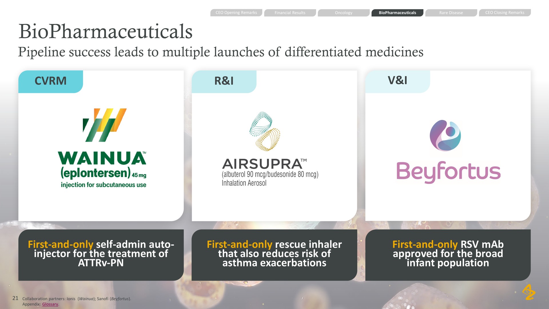 pipeline success leads to multiple launches of differentiated medicines i i first and only self auto injector for the treatment of first and only rescue inhaler that also reduces risk of asthma exacerbations first and only approved for the broad infant population | AstraZeneca