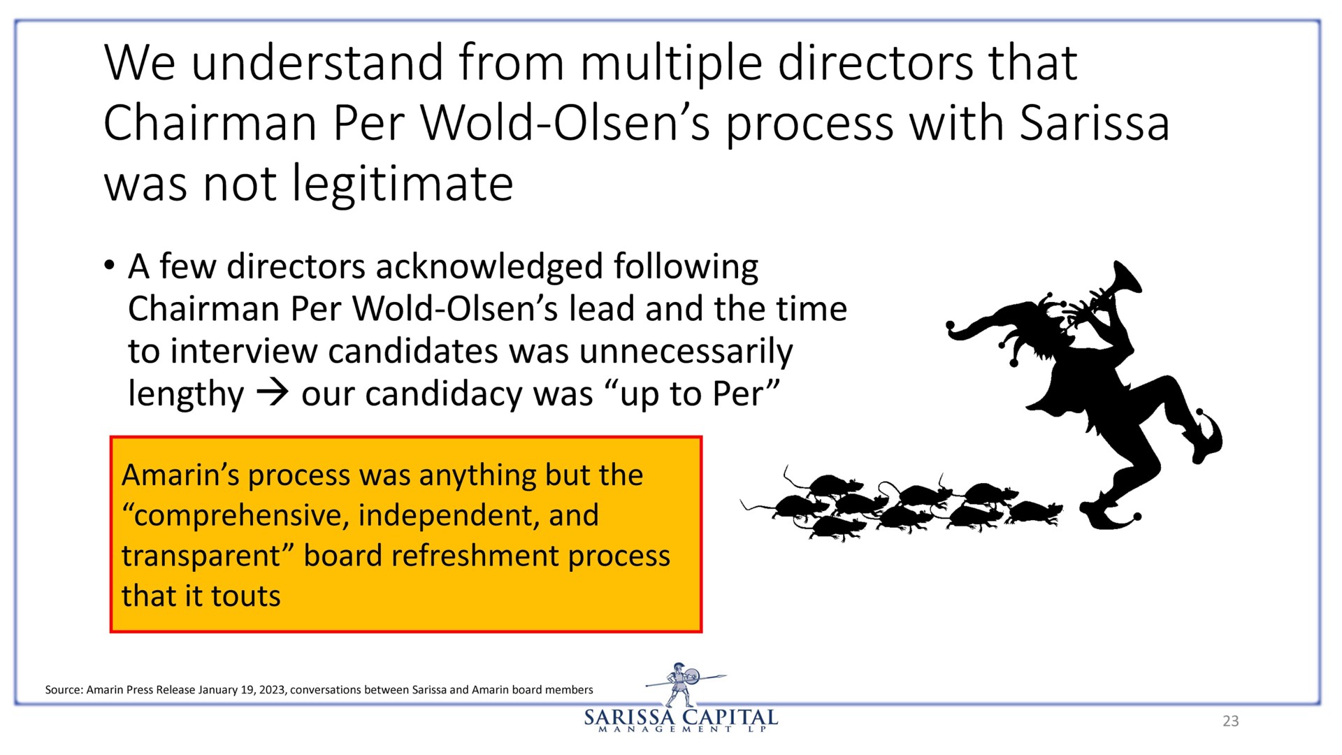we understand from multiple directors that chairman per wold process with was not legitimate | Sarissa Capital