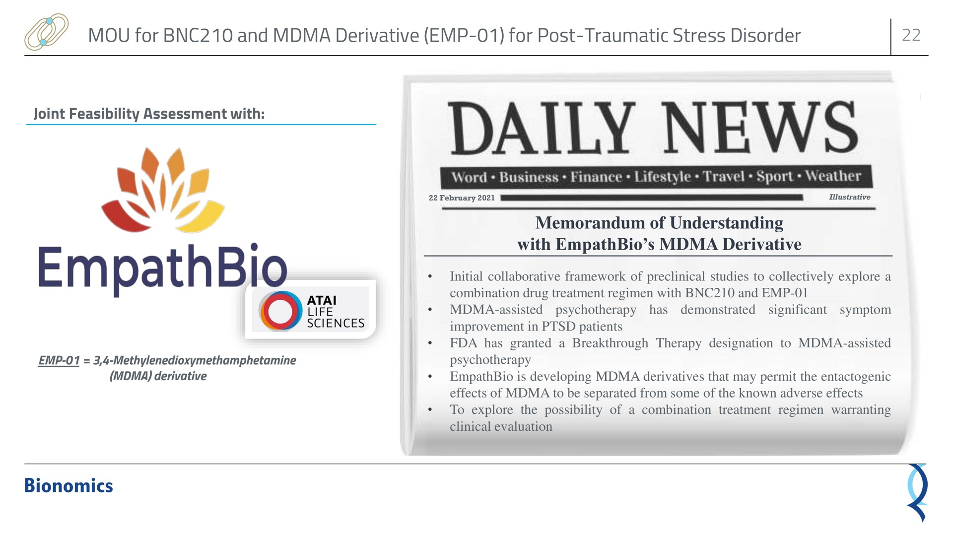 mou for and derivative for post traumatic stress disorder memorandum of understanding with derivative daily news | Bionomics