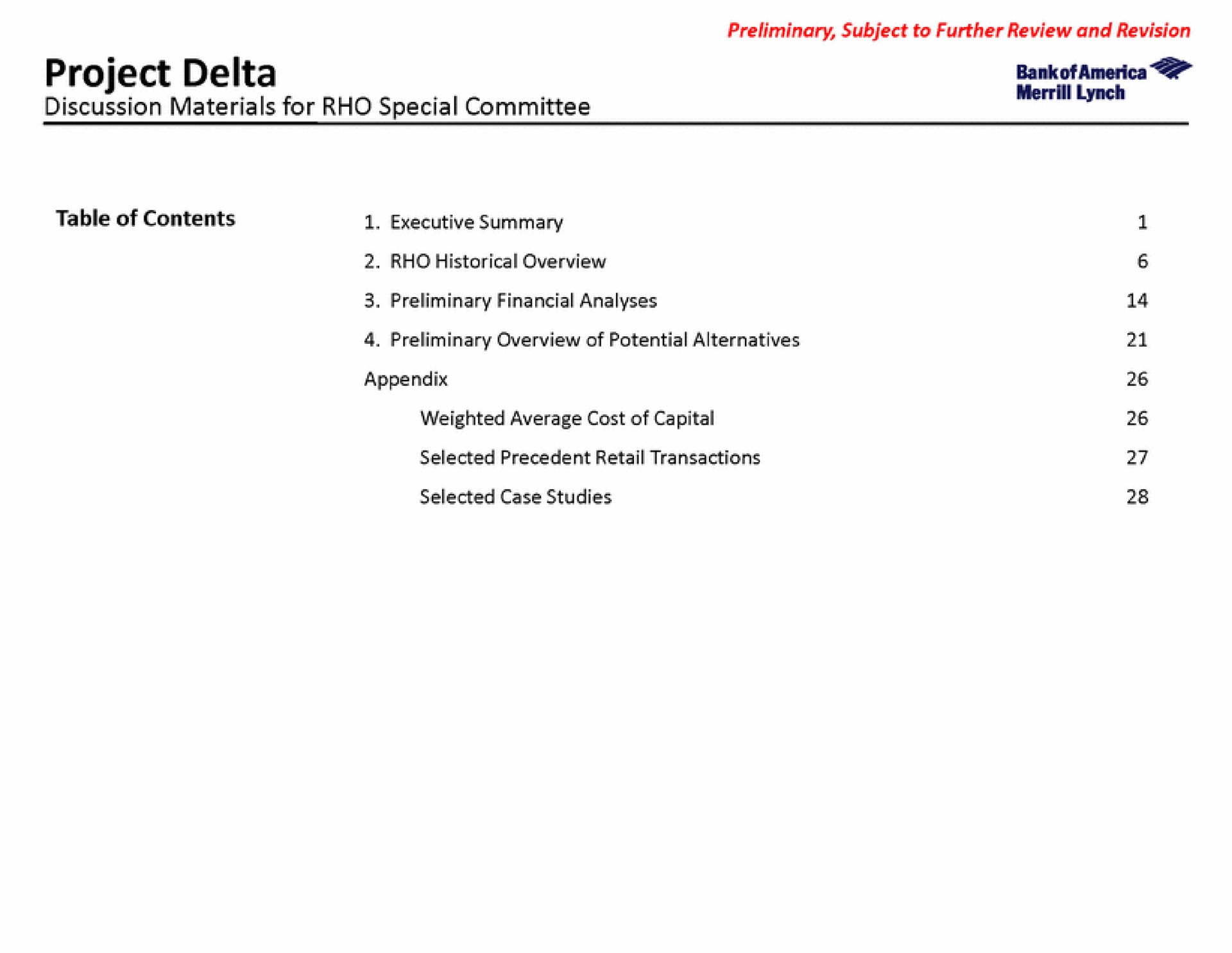 project delta discussion materials for rho special committee table of contents executive summary | Bank of America