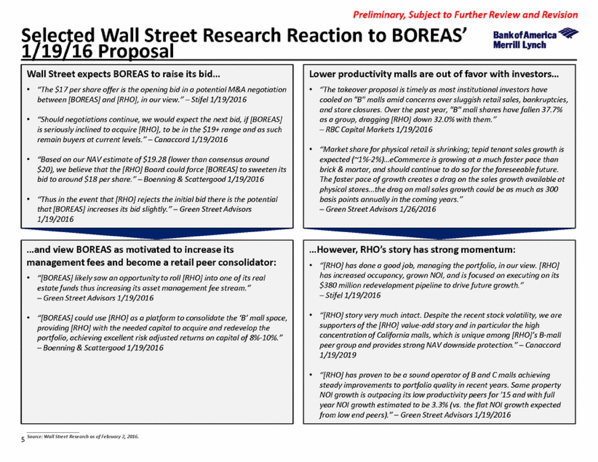 wall street research reaction to proposal | Bank of America