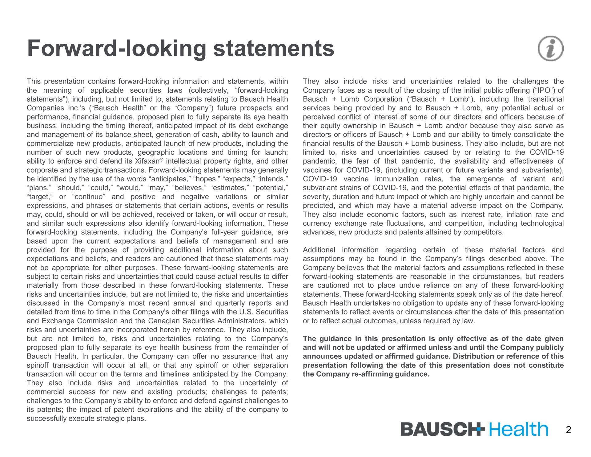 forward looking statements health | Bausch Health Companies