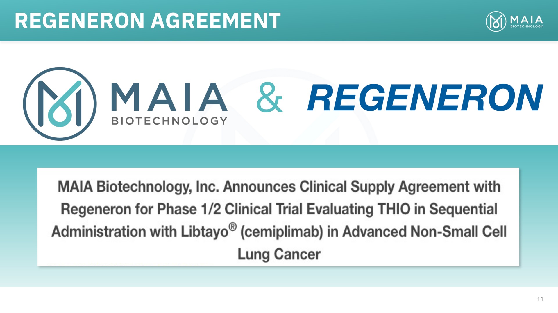 agreement announces clinical supply with for phase clinical trial evaluating thio in sequential administration with in advanced non small cell lung cancer | MAIA Biotechnology