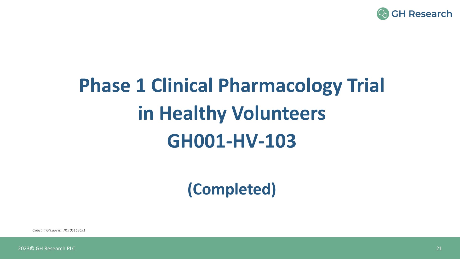 phase clinical pharmacology trial in healthy volunteers completed | GH Research