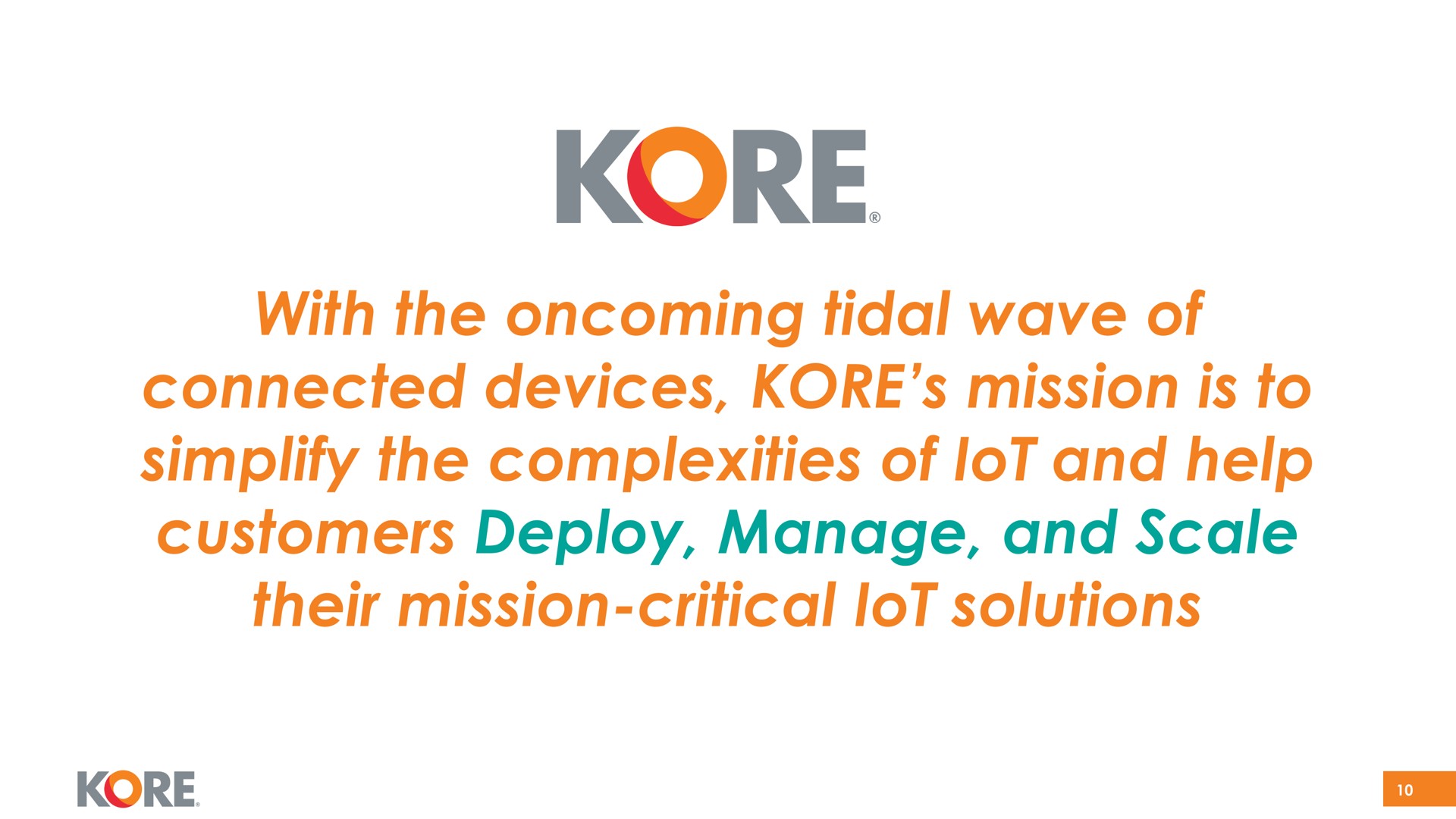 with the oncoming tidal wave of connected devices kore mission is to simplify the complexities of and help customers deploy manage and scale their mission critical solutions lot lot | Kore
