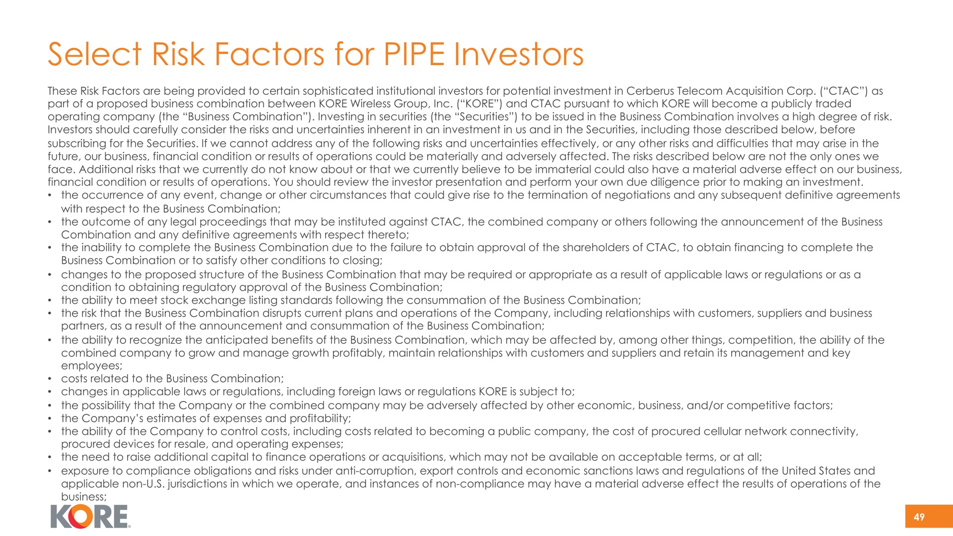 select risk factors for pipe investors kore | Kore