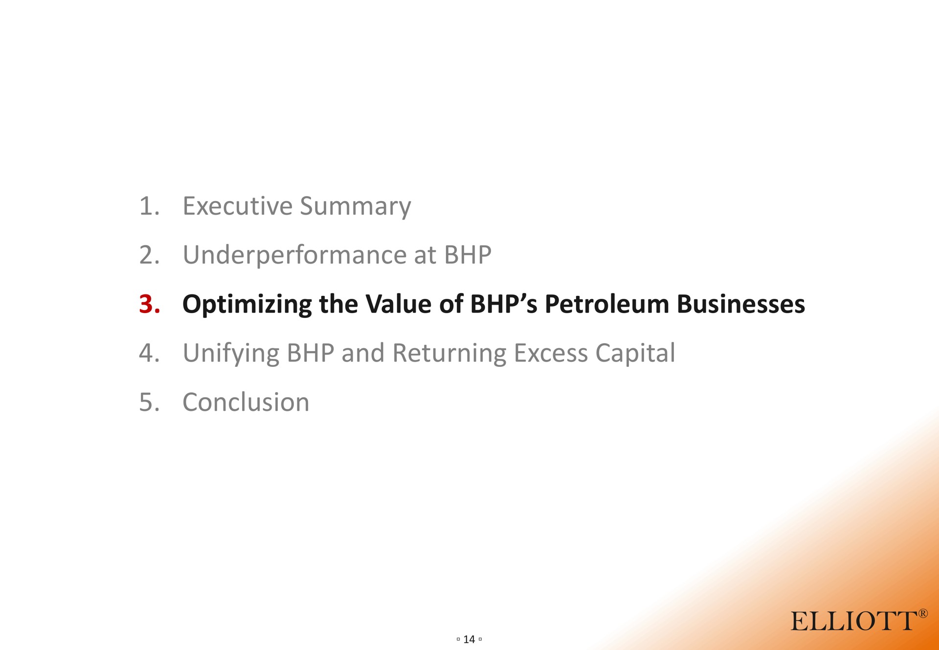 executive summary at optimizing the value of petroleum businesses unifying and returning excess capital conclusion | Elliott Management