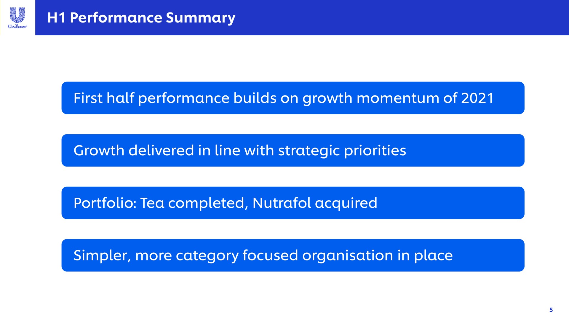 performance summary first half performance builds on growth momentum of growth delivered in line with strategic priorities portfolio tea completed acquired simpler more category focused in place a | Unilever
