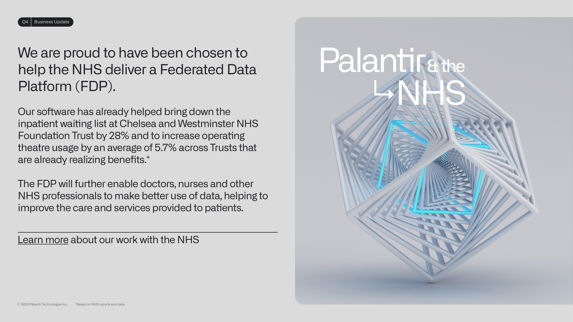 the we are to have been chosen to help the deliver a federated data platform our has already helped bring down the inpatient waiting list at and foundation trust by and to increase operating usage by an average of across trusts that are already realizing bene the will further enable doctors nurses and other professionals to make better use of data helping to improve the care and services provided to patients learn more about our work with the benefits | Palantir
