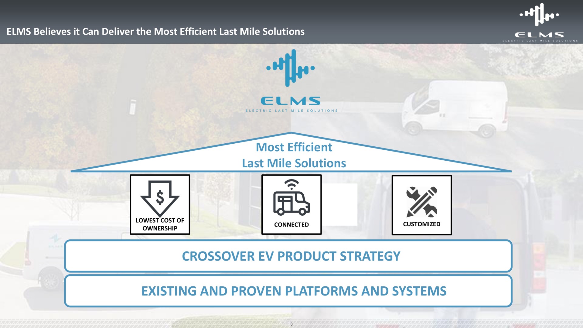 elms believes it can deliver the most efficient last mile solutions most efficient last mile solutions crossover product strategy existing and proven platforms and systems | Elms