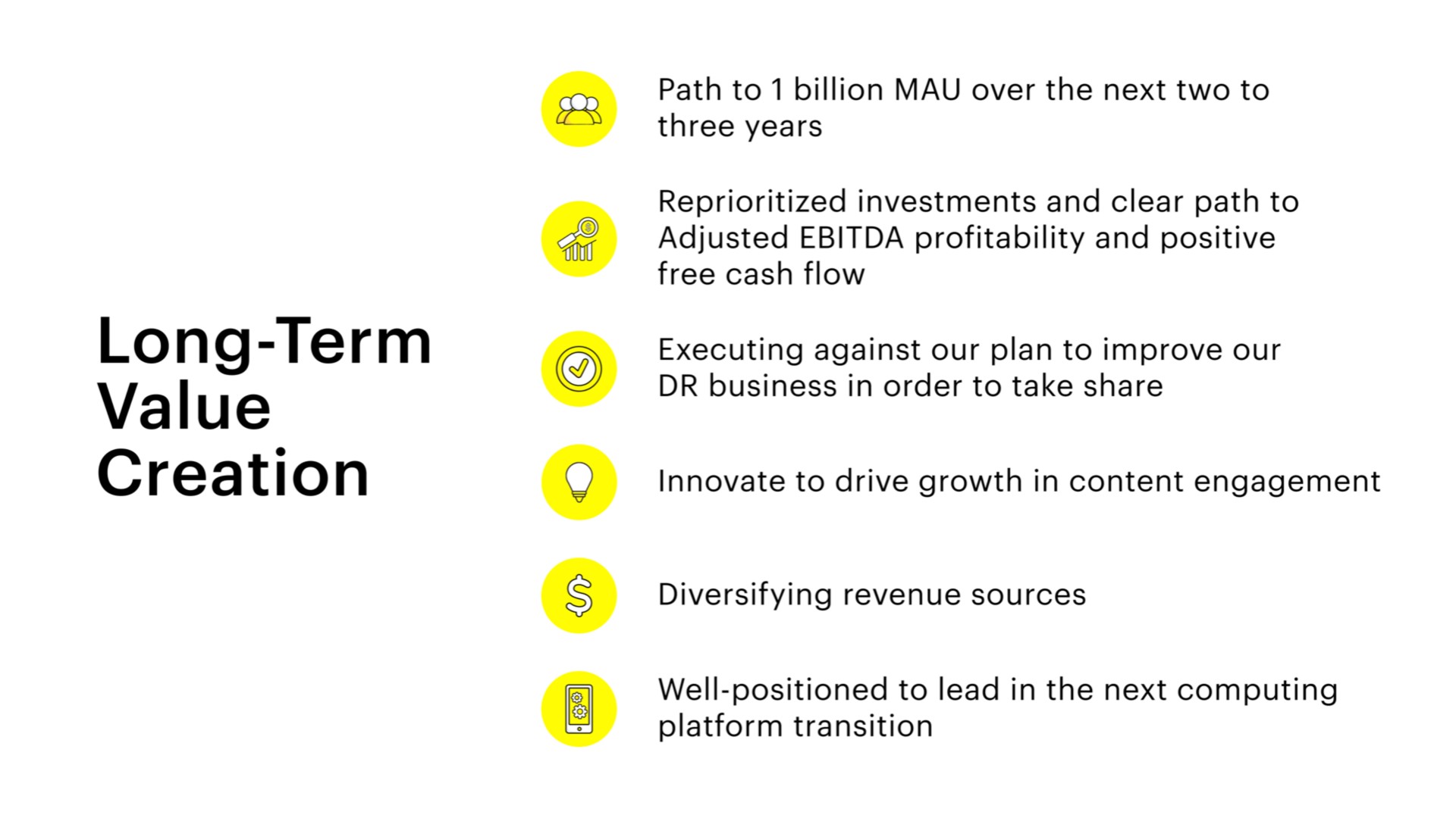 three years long term value creation investments and clear path to adjusted profitability and positive free cash flow innovate to drive growth in content engagement diversifying revenue sources well positioned to lead in the next computing platform transition | Snap Inc