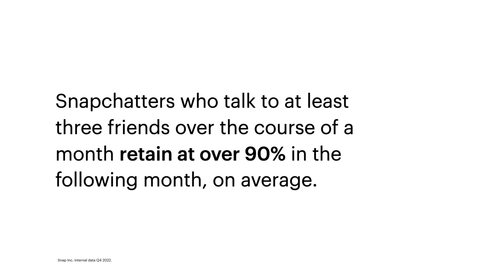 who talk to at least three friends over the course of a month retain at over in the following month on average | Snap Inc