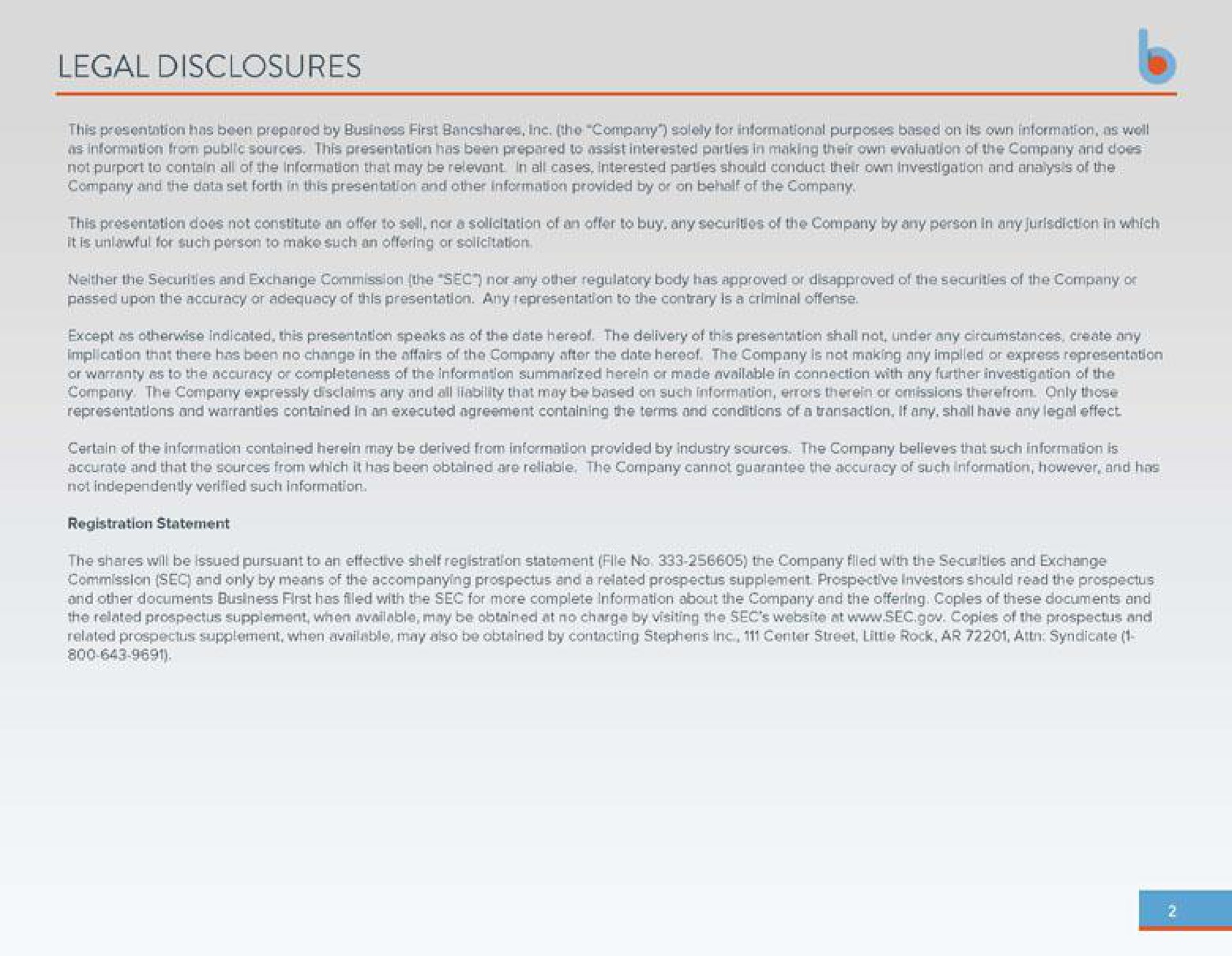 legal disclosures | Business First Bancshares